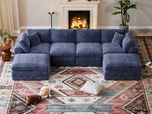 U-Shape 6-Seat Sectional Sofa with Double Ottomans, 139" Wide No-Assembly Cloud-Style Modular Couch