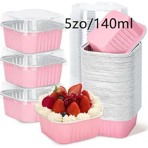 30Pack 5oz Pink Mini Cake Pans with Lids Baking Cups Aluminum Foil Pans Tins, Individual Dessert Cups Containers for Sales,Party,Picnics