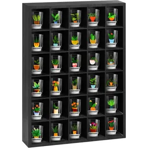 Shot Glass Display Case, Black Wooden Shot Glass Shelf with Removable Shelves, Wall Mounted Shadow Box Thimble Display Case, 30 Slots