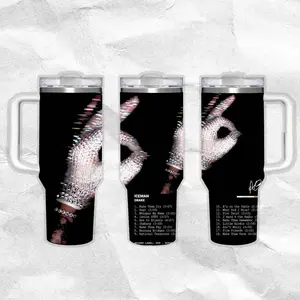 Drake - Ice Man Tracklists Official Pattern 40oz Handle Tumbler – Retro Fantasy Stainless Steel Travel Mug, Hawkins Inspired Horror Cup, Double Wall Thermal Drinkware, Large Iced Coffee Tumbler, Gift for TV Show & Dungeon Game Fans