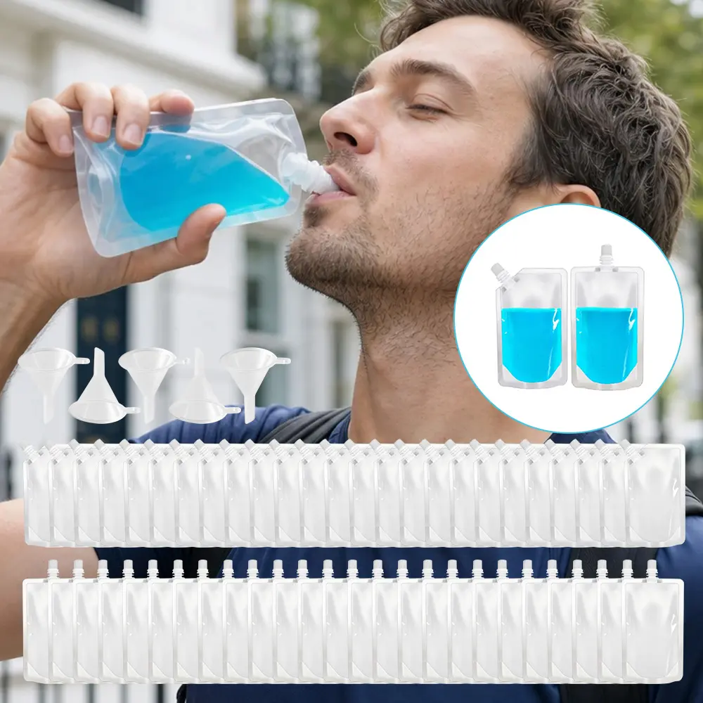55-Piece Reusable Drink Pouches Set - 8 oz Stand-Up Food-Grade BPA-Free Leak-Proof Plastic Bags with Funnels for Travel, Camping, Party (Sports & Outdoor Accessories)