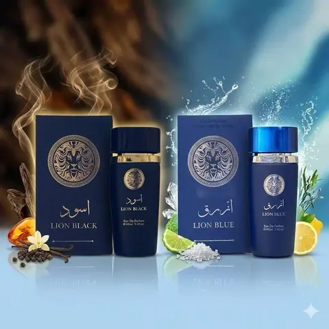Men's Lion Black & Lion Blue Eau De Parfum 2-Bottle Set, 100ml/3.4fl.oz Spray-On Fragrance, Deep Blend of Smoky Woods, Rich Spices & Citrus, Ideal for Stylish, Strong Modern Men, Spray-On Men's Fragrance