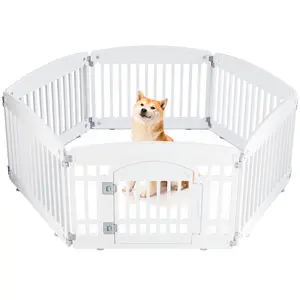 White Foldable Pet Playpen for Indoor & Outdoor Use | 6 Panels with Door | Dense Bite-Resistant Non-Toxic Plastic | Safe Play Area for Small to Medium Dogs & Cats