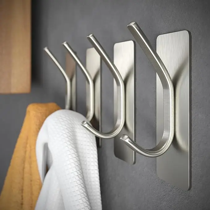 4-Pack Brushed Gold Adhesive Towel Hooks – Stainless Steel Wall Hooks for Hanging Coats, Hats, Towels & Robes, No-Drill Self-Adhesive Hooks for Bathroom, Bedroom & Kitchen – Heavy-Duty Rustproof Hook Set