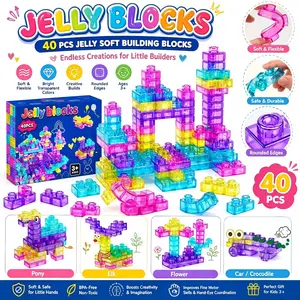 40pcs Jelly Block Toys, Soft Stretchable Stress Relief Building Set, Sensory Touch Learning Blocks, Stem Creative Gift for Kids Aged 3+