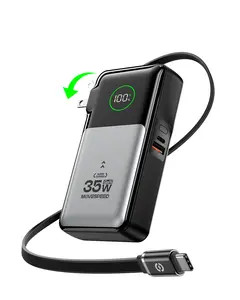 MOVE SPEED 3 in 1 Portable Phone Charger, 10000mAh 35w /20000mAh 65W GaN Battery Pack with Built-in Retractable 2.3ft USB-C Cable and Foldable Wall Plug, Travel Power Bank for iPhone 16/15 Series, Galaxy