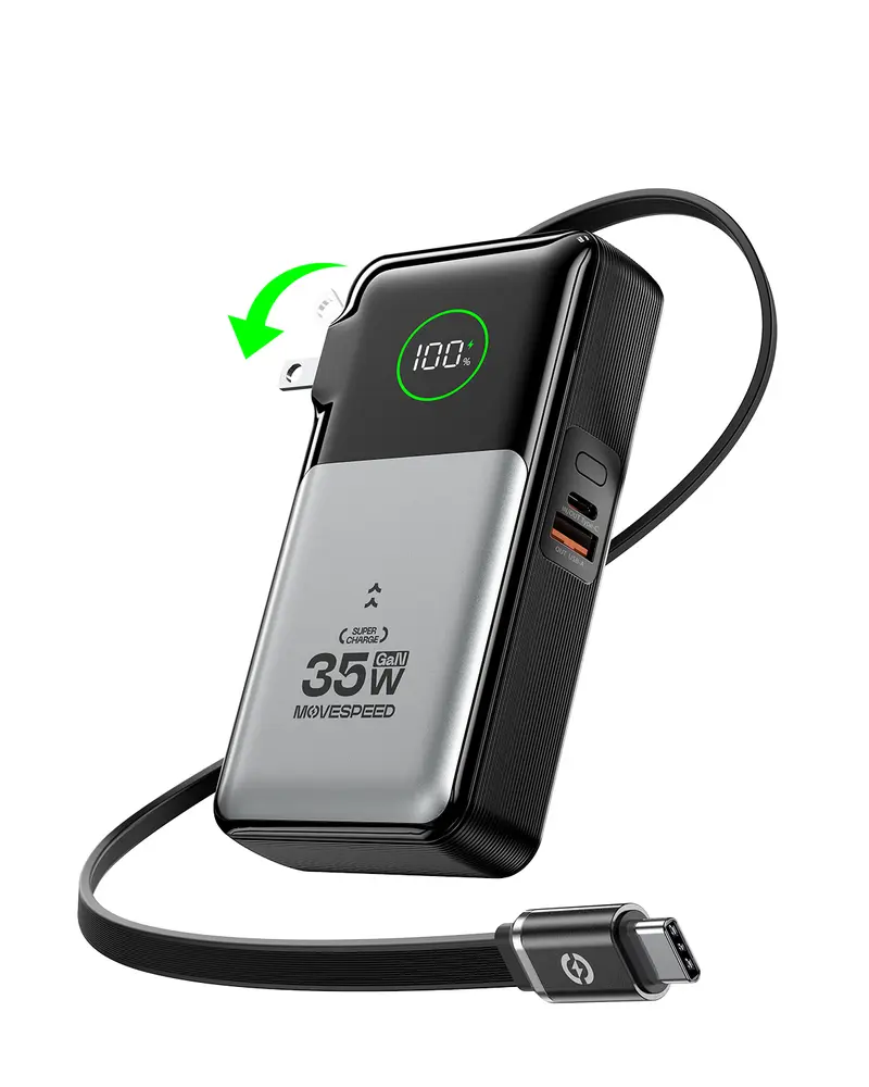 MOVE SPEED 3 in 1 Portable Phone Charger, 10000mAh 35w /20000mAh 65W GaN Battery Pack with Built-in Retractable 2.3ft USB-C Cable and Foldable Wall Plug, Travel Power Bank for iPhone 16/15 Series, Galaxy
