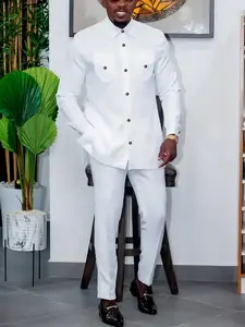 Men's White Button Down Outfit, Classic Long Sleeve Shirt, Elastic Waist Pants, Clean Minimal Style, Daily Casual Men's Clothing, 2 Piece Set, New Season, Wedding, Party, Date, Cultural Events