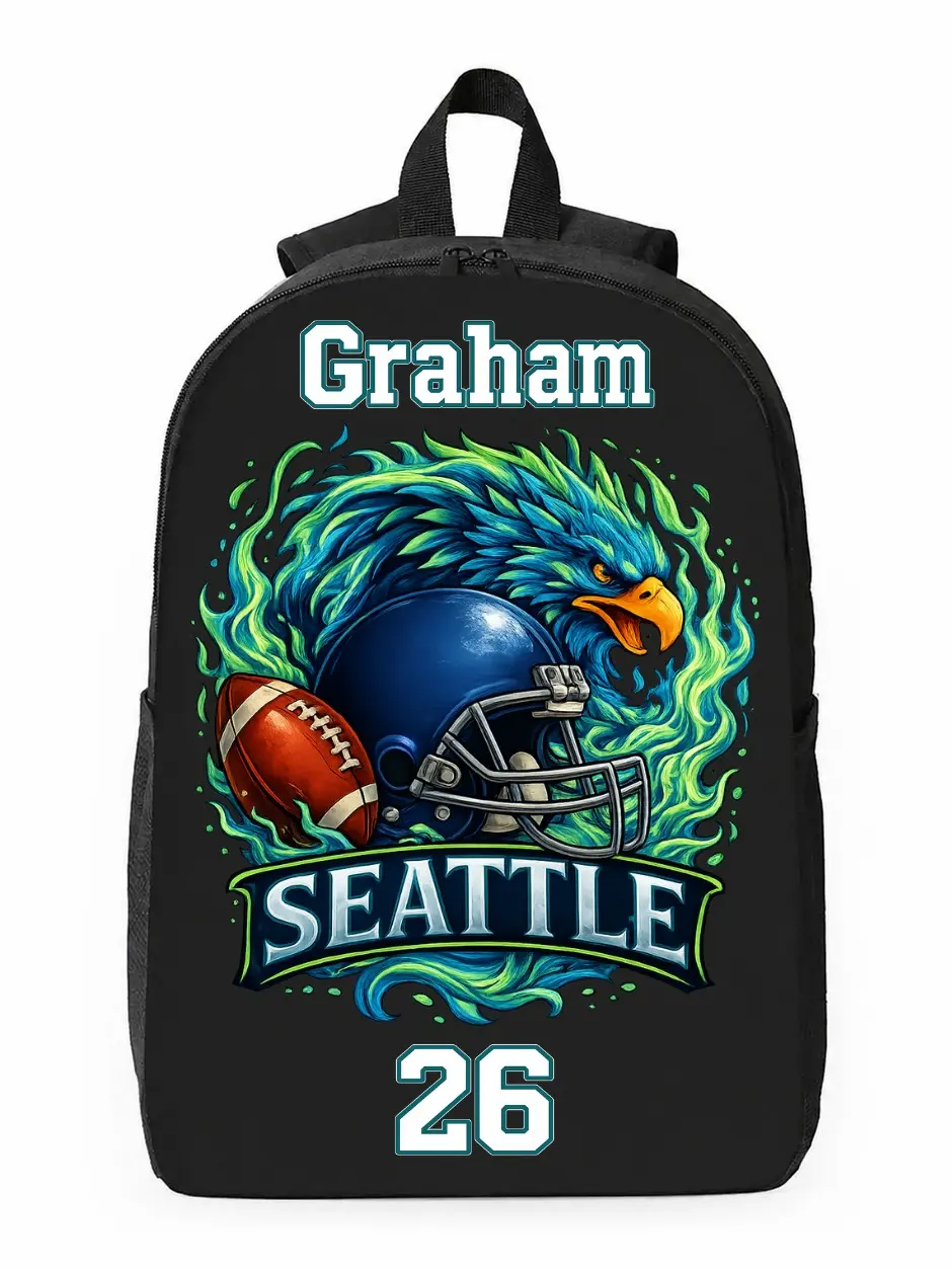 Seattle Team Football Canvas Backpack - Personalized Name and Number School Bag, Functional Gift for Students