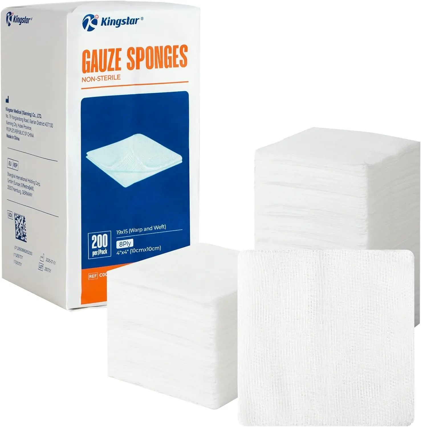Kingstar 200 Count 4x4 Inch Gauze Sponges 8-Ply | Pure Cotton Woven Gauze Pads for First Aid, Wound Care, Skin Cleansing & Equipment Wiping