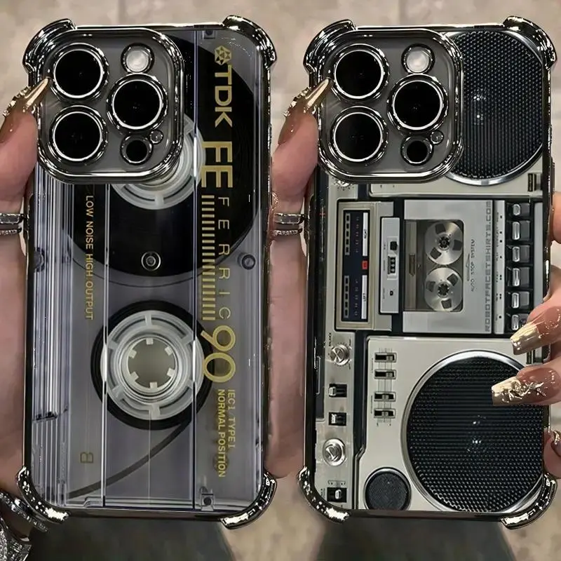 Retro Cassette 2D Pattern Silicone Soft Phone Cases for iPhone17 16 15 14 13 12 11 Promax Pro Plus Air & Samsung Galaxy S26 S25 S24 S23 S22 S21 EDGE Ultra Plus FE Clear TPU Shockproof Protective Cover Gift For Birthday Thanksgiving Christmas Halloween