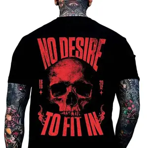 NO DESIRE TO FIT IN Skull Print Men's T-Shirt, Top Menswear, Cotton Tee Shirt Casual Streetwear Black Crewneck
