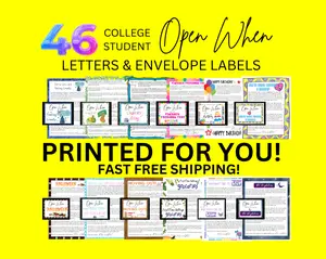 46 PRINTED Open When College Student LETTERS & ENVELOPE LABELS, #openwhencollegeletters #collegestudentgift #collegecarepackage #collegesurvivalkit #lettersfromhome #collegedormgift #collegefreshmangift #foryou