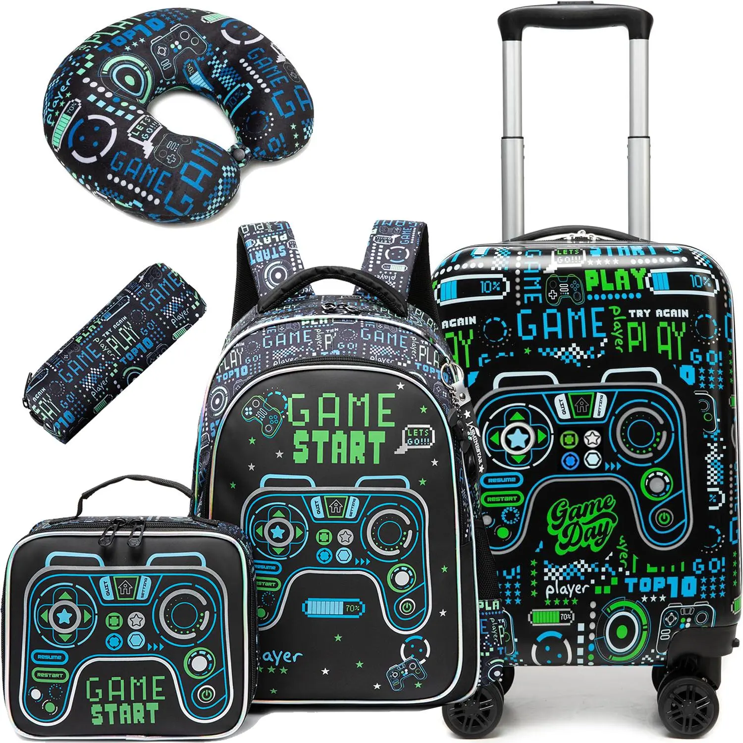 5-Piece Cool Gamer Hardshell Luggage Set | Black Neon Game Start School Backpack & Lunch Bag | Aesthetic Spinner Wheels Suitcase with Neck Pillow & Pencil Case for Boys
