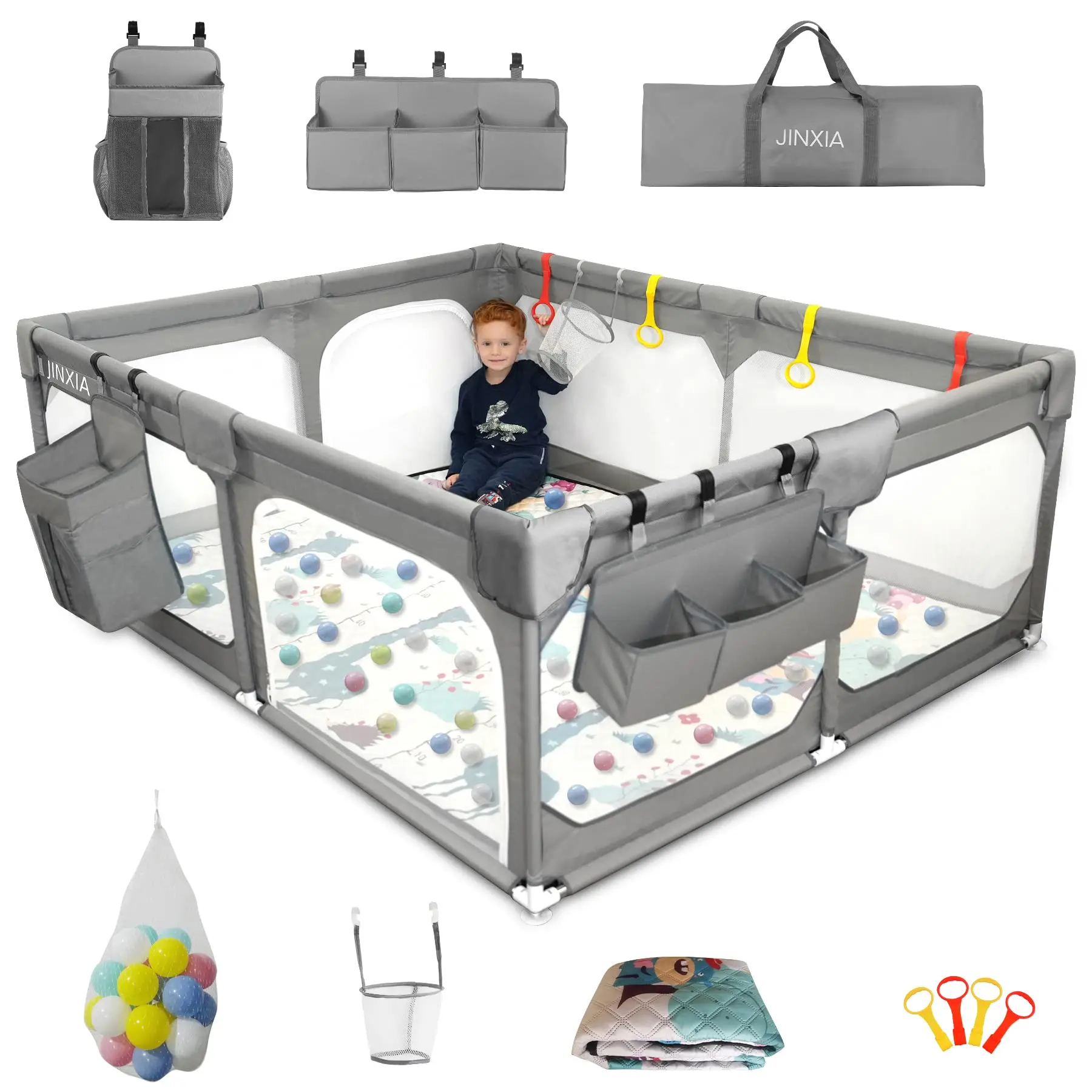 JINXIA Unisex Extra Large Open Baby Playpen with Silk-Cotton Mat, Foldable Safe Space for Babies & Toddlers, BPA-Free Non-Toxic Materials, No-Gap Safety Design, Sturdy Indoor-Outdoor Use, Storage Bag Included, Grey