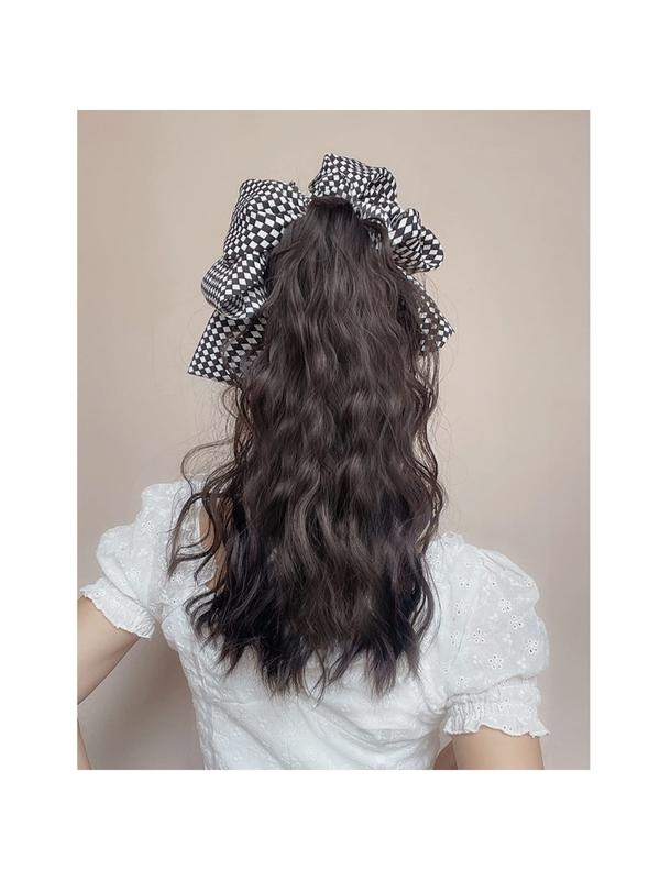Long Wavy Claw Clip On Black White Bow Hair Extensions Pony Tail Hairpiece Lady Wigs for Women Wig Ponytail Bow Hair Accessories Girls Grab Clip Water Ripple Ponytail Braid High Value Wig Human Hair(Dark Brown,Black Bow)
