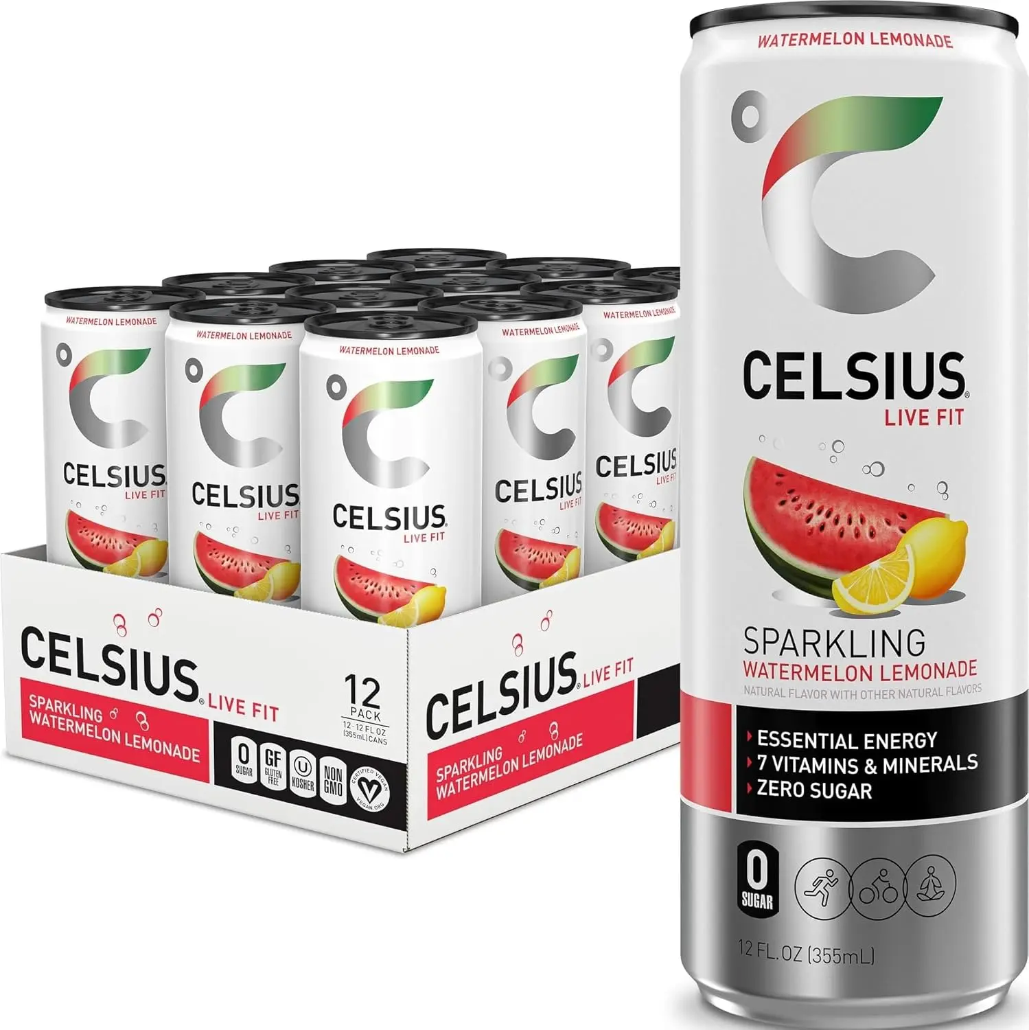 Sparkling Watermelon Lemonade, Sugar Free Energy Drink, 12 Fl Oz (Pack of 12)