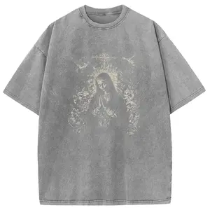 Digitex Acid Washed Tee -"Virgin Mary"print Oversized Loose Fit Baggy T-Shirt for Men Women, Distressed Retro Streetwear Casual Top
