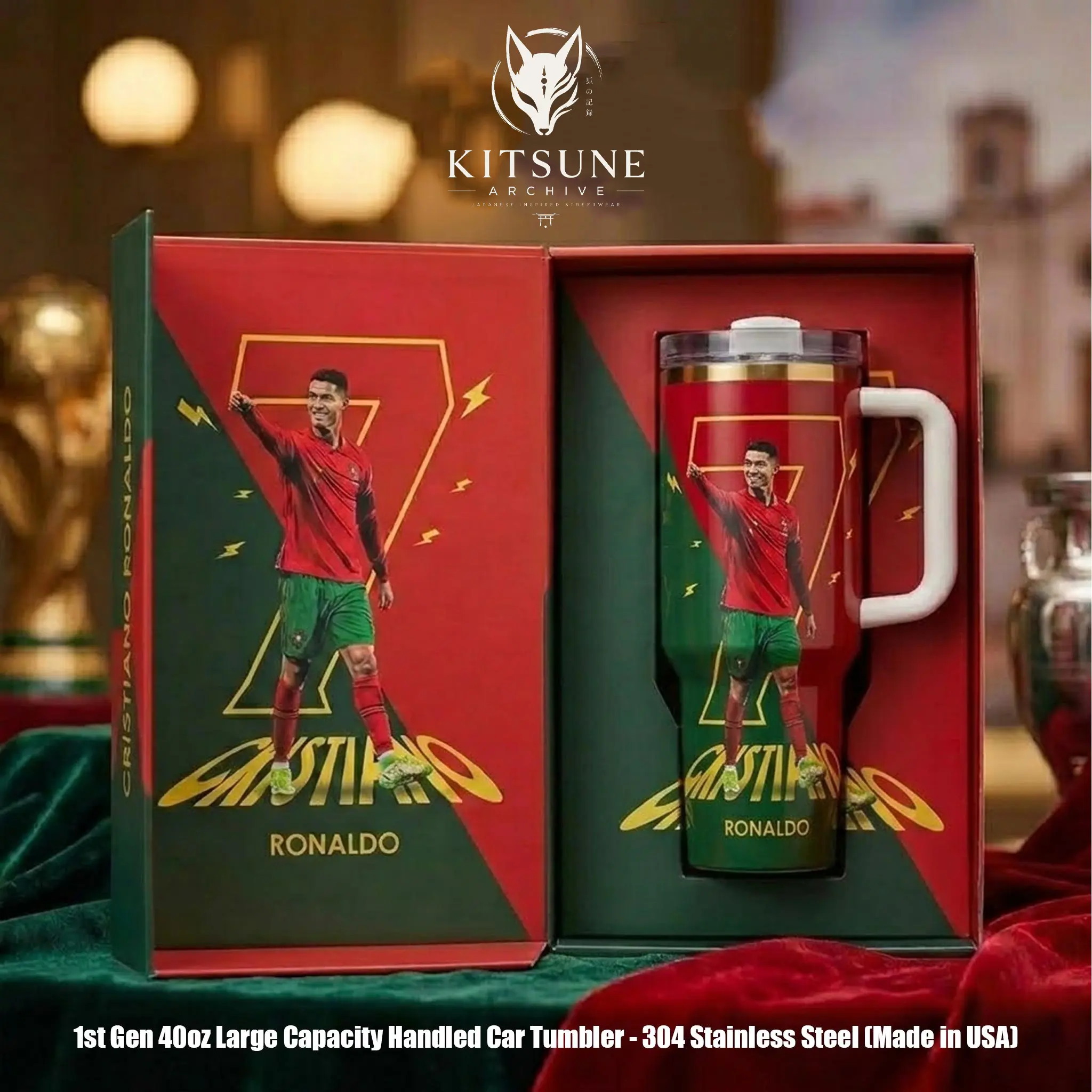 [Kitsune Archive] Ronaldo Legend 40oz Tumbler With Handle – Champion Stainless Steel Cup, Vacuum Insulated Travel Mug, Iced Coffee Drinkware, Gift For Football Fans