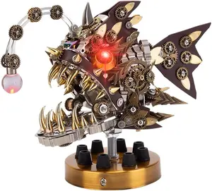 3D Metal Puzzle for Adults - Anglerfish Model Kit with Steampunk Design - DIY Brain Teaser Craft with LED Lights & Base (700+ PCS)