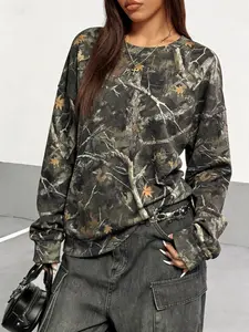 Street fashion vintage women's tree pattern camouflage full-print draped shoulder loose pullover, casual long-sleeved round-neck sweater for spring, autumn and winter, daily wear women's clothing