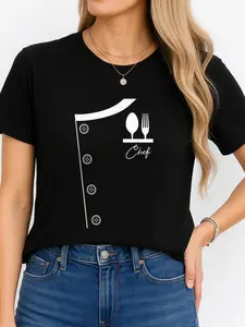 Chef Jacket Design Black T-Shirt with Fork & Spoon Print for Kitchen Lovers Summer, personalized short sleeve tee, unisex, breathable, versatile, plus size, USA made