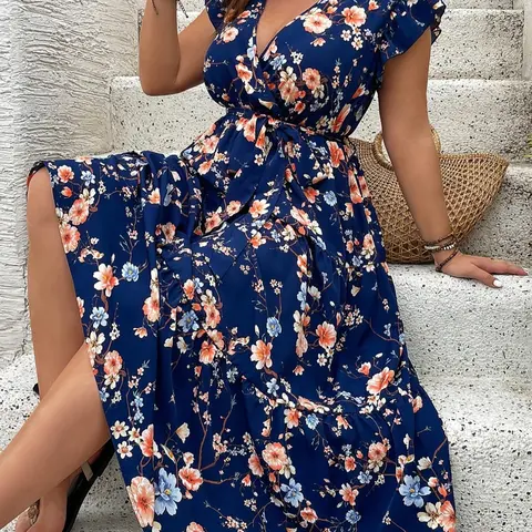 Plus Size Floral Print V Neck Dress, Casual Bohemian Boho Fashion Short Sleeve Summer Dress for Daily Outdoor Wear, Women Plus Clothing for All Seasons, Casual Summer Sundresses, Boho Style Dress, Womenswear