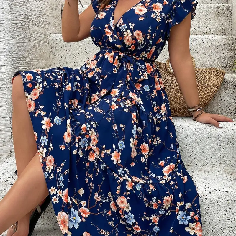 Plus Size Floral Print V Neck Dress, Casual Bohemian Boho Fashion Short Sleeve Summer Dress for Daily Outdoor Wear, Women Plus Clothing for All Seasons, Casual Summer Sundresses, Boho Style Dress, Womenswear