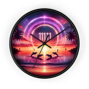 10" Wall Clock "Dolphin Dusk: A Tropical Tranquility Masterpiece" -  1111 Tropical Beach at Sunset with Palm Trees, Dolphins, and Sailboats Decor Angel