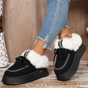 Women's Comfort Fuzzy Mule Slippers Chunky Sole Mini Snow Boots Lace-Up Warm Plush Lined Indoor Outdoor Shoes