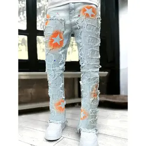 1 pair of men's ripped jeans fringed pentagram printed patch straight-leg pants Y2k slim-fit denim trousers