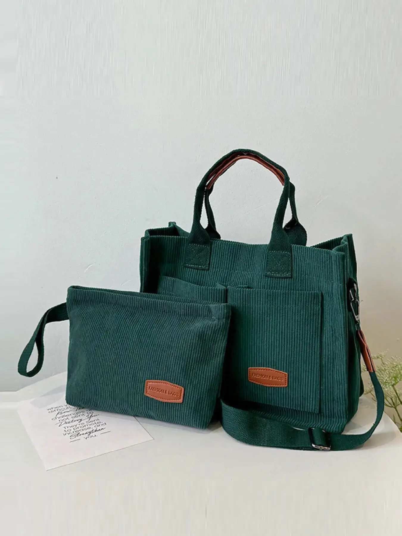 Women's Casual Plain Corduroy Zipper Tote Bag & Makeup Bag Set, Simple Design Versatile Wristlet & Tote Bag Set for Daily Use