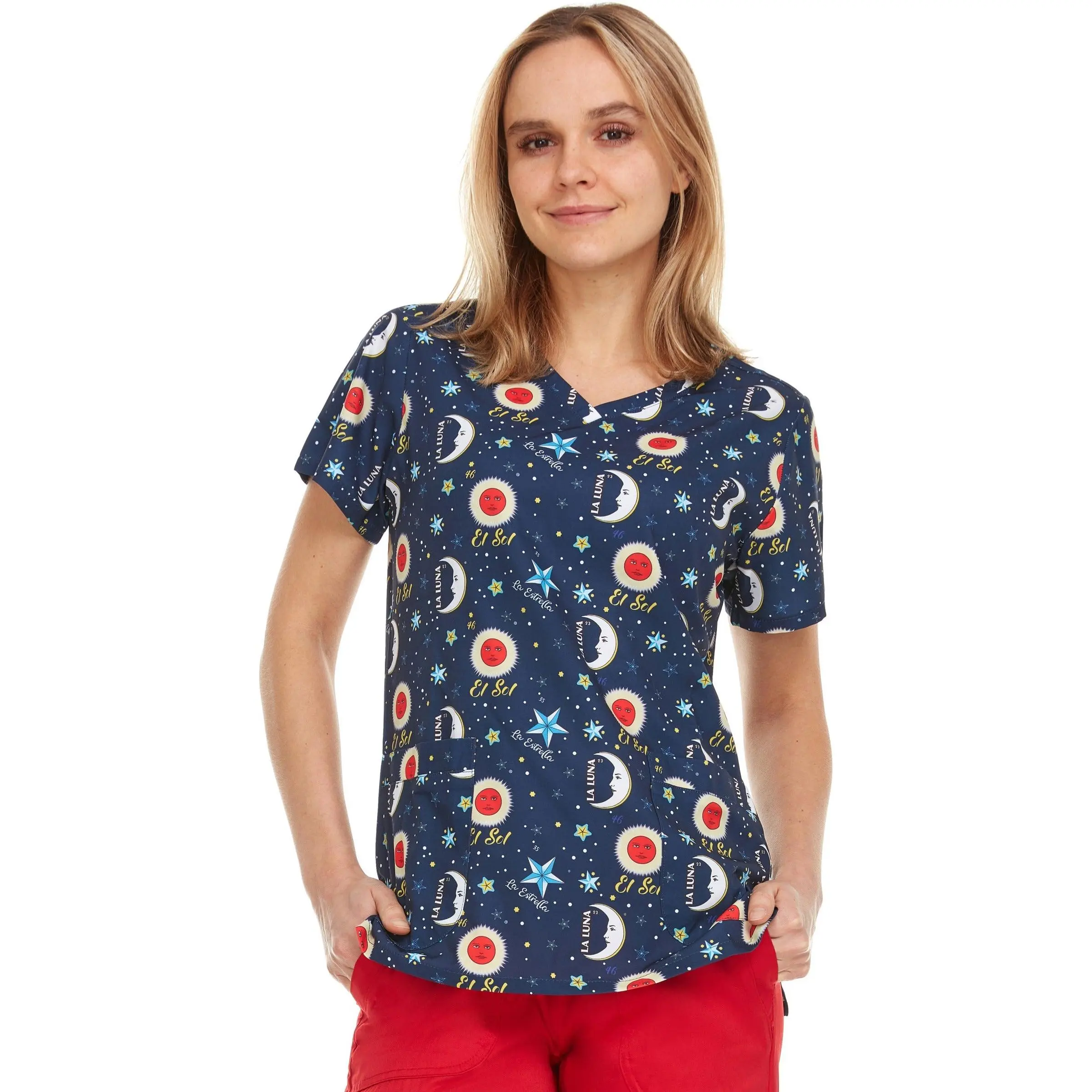 Loteria Don Clemente Isabella La Luna Printed V-Neck Scrub Top