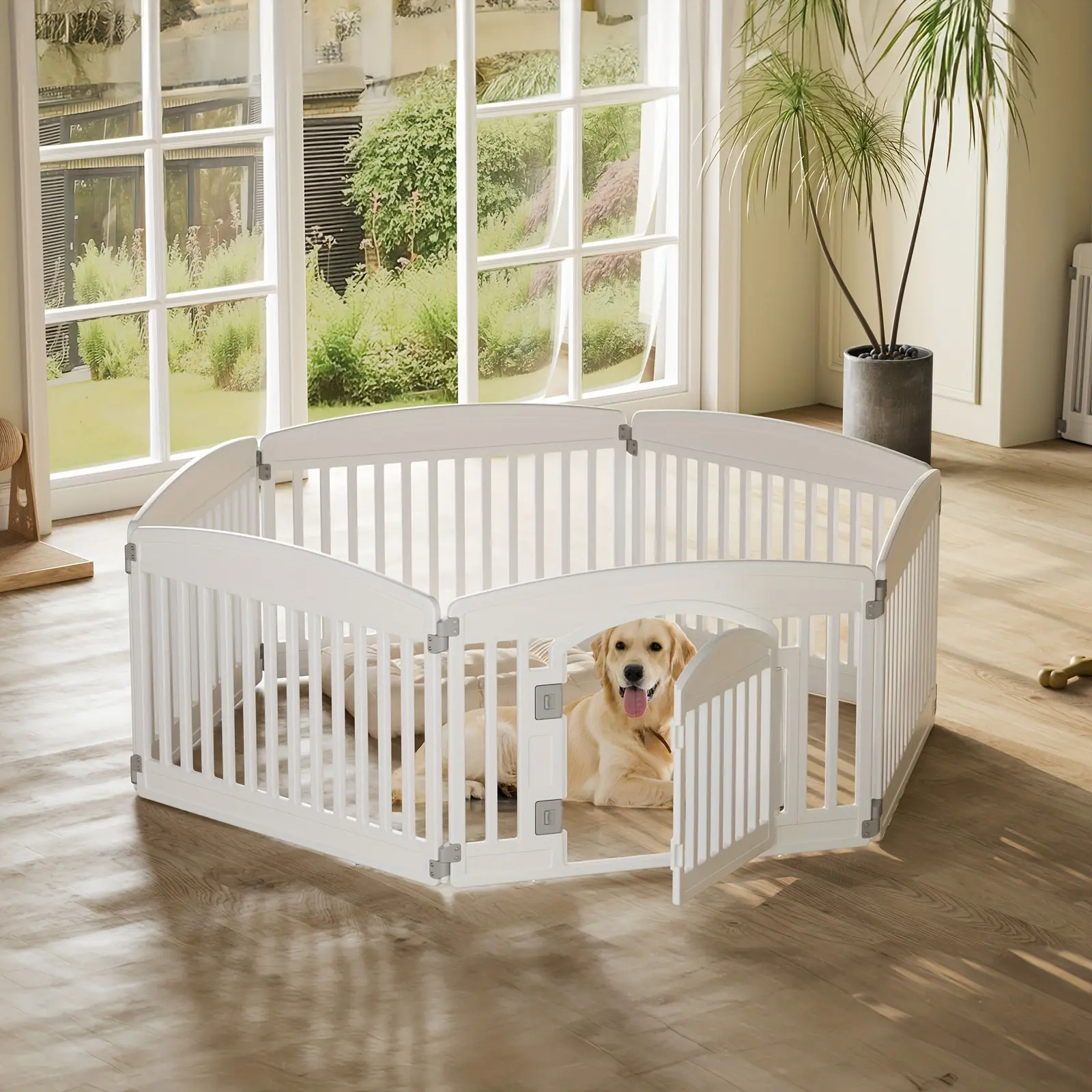 24-Inch Durable Blow-Molded Plastic Pet Playpen - 4/6 Solid Panels, Lockable Door, Non-Slip Bottom, Compact Portable Lightweight Design, Suction Cups, Ground Pegs, for Small-Medium Pets, Indoor/Outdoor Use, Black/White