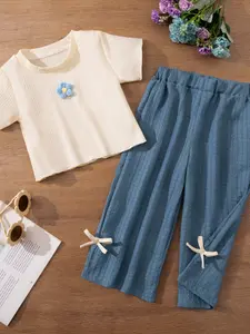 2pcs Girls Summer Two-Piece Set Short Sleeve T-Shirt & Casual Long Pants, Fashionable and Stylish for Kids, Floral Print Set