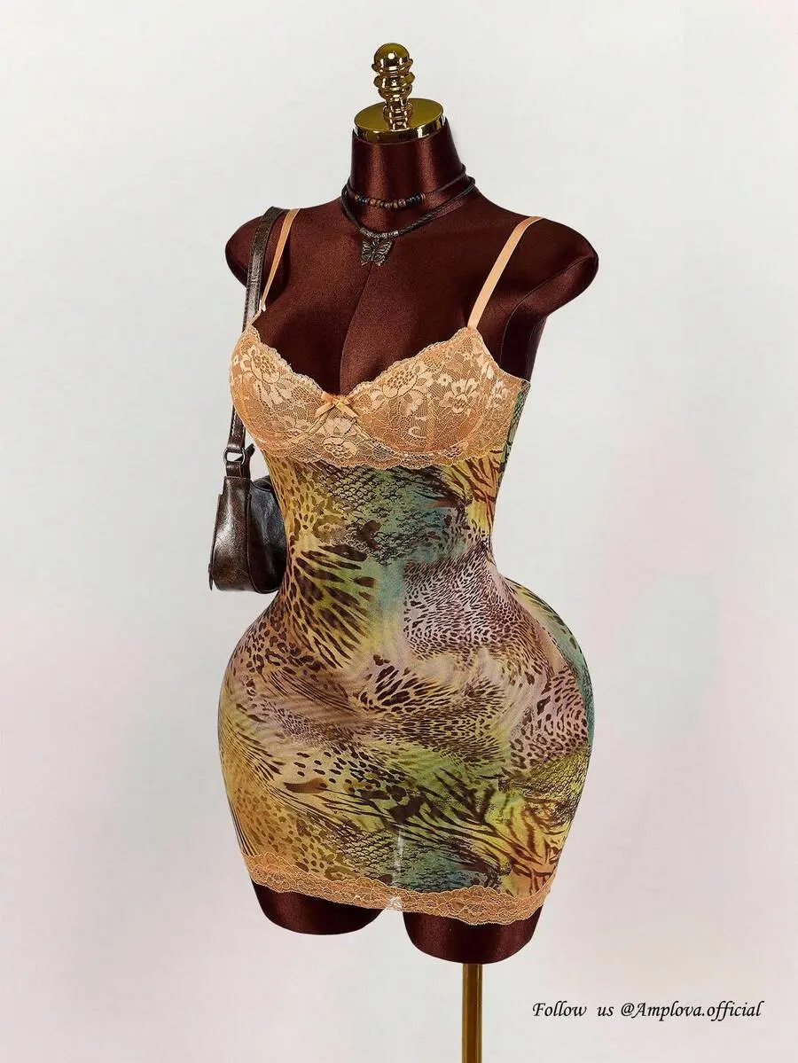Women's Tropical Floral Mesh Bodycon Mini Dress | Lace Cup Detail Sexy Party Clubwear | Lace Trim Summer Going Out Dress