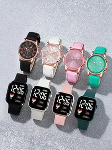 8 pcs PU Leather Multi-Color Ultra-Thin Round Quartz & LED Display Wrist Watch, Perfect Summer Casual Gift for Girls, Back to School Selection