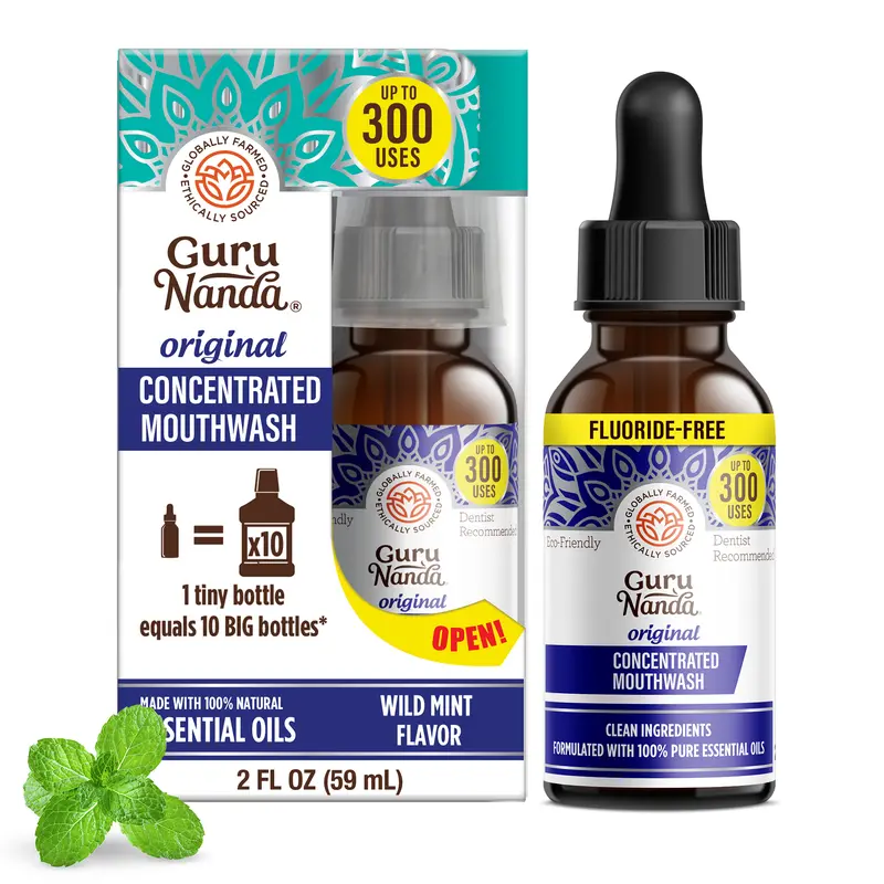 GuruNanda Concentrated Mouthwash, Fluoride-Free, Mint Mouthwash with Natural Essential Oils