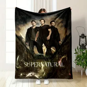 Supernatural Blanket, Featuring Dean Winchester, Sam Winchester and Castiel Standing Atop a Dirt Trench With Mystical Auras. This Soft Cozy Throw Is Perfect for Fans of the Hit Supernatural Series,