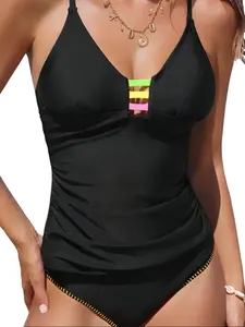 CALI CHIC Swimsuit Women Stylish Color Block Removable Adjustable Padded Backless Sling Tankini Set Multi Color Breathable Water Resistant Anti Odor Fabric