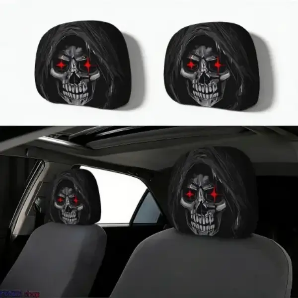 Halloween Red-Eyed Grim Reaper Car Headrest Covers, Spooky Hooded Skull Print Auto Seat Protectors, Scary Prank Car Interior Decorations, Car Interior Accessories, Seat Covers For Cars