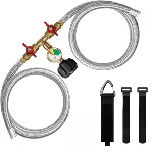B BRAZIFY 5FT Propane Hose Splitter,Stainless Braided Propane 2 Way Y Splitter Adapter Hose with Gauge,1 lb to 20 lb Converter with Shut Off Valve, Propane Hose Adapter 1lb Appliance to QCC1 5-40lb Tank,350PSI