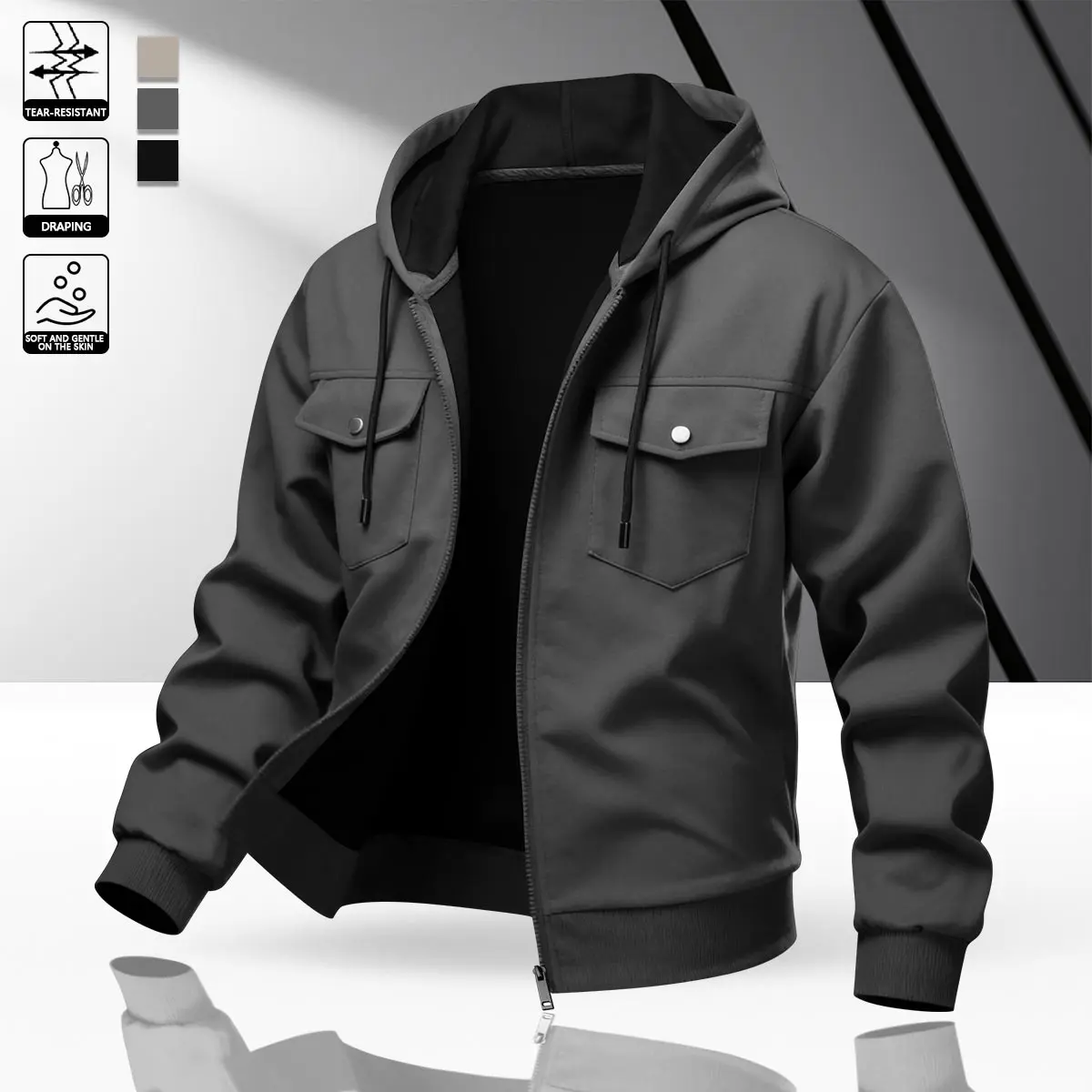 Men’s hooded work jacket — casual zip-up open-front outerwear with chest pocket; versatile everyday top for outdoor wear