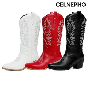CELNEPHO Women Cowboy Boots Pointed Toe Chunky Block Heel Embroidered Design Retro Mid Calf Cowgirl Boots Easy Pull on Tabs Country Booties Casual Wear Horse Riding Spring Dress Shoes