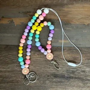 Silicone bead lanyard or lanyard and wristlet keychain bundle with breakaway clasp teacher appreciation gift teacher or nurse lanyard with bead options rainbow necklace lanyards for work ID badge holder and keychain