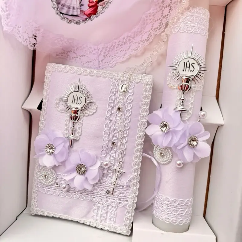 Unisex 4-Piece Traditional Ivory First Communion Candle Set - Boxed with English-Spanish Text, Decorations, Rosary - Home Supplies, Gift for Girls' Ceremony, Classic
