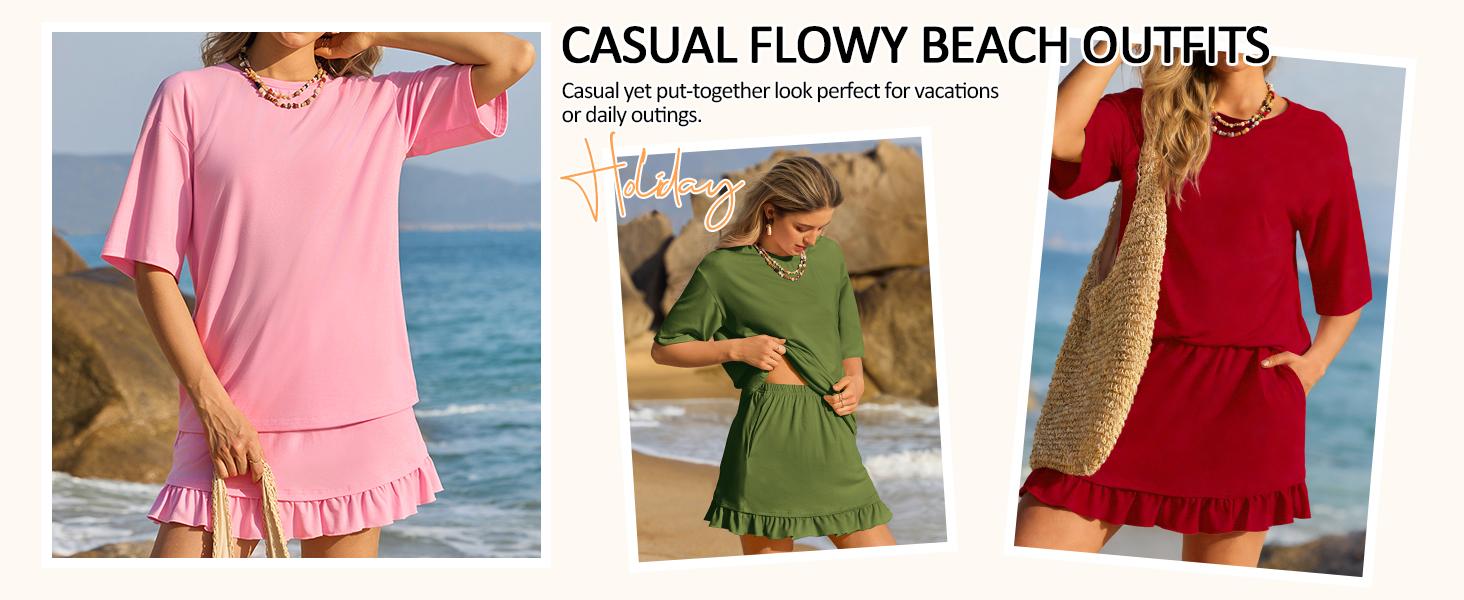 Yousify Women's 2 Piece Skirt Set Summer Vacation Outfits Short Sleeve Crewneck Top & Casual Mini Skirt for Easy Styling,summeroutfits,vacationoutfits,bathingsuitwomenset,beachoutfits