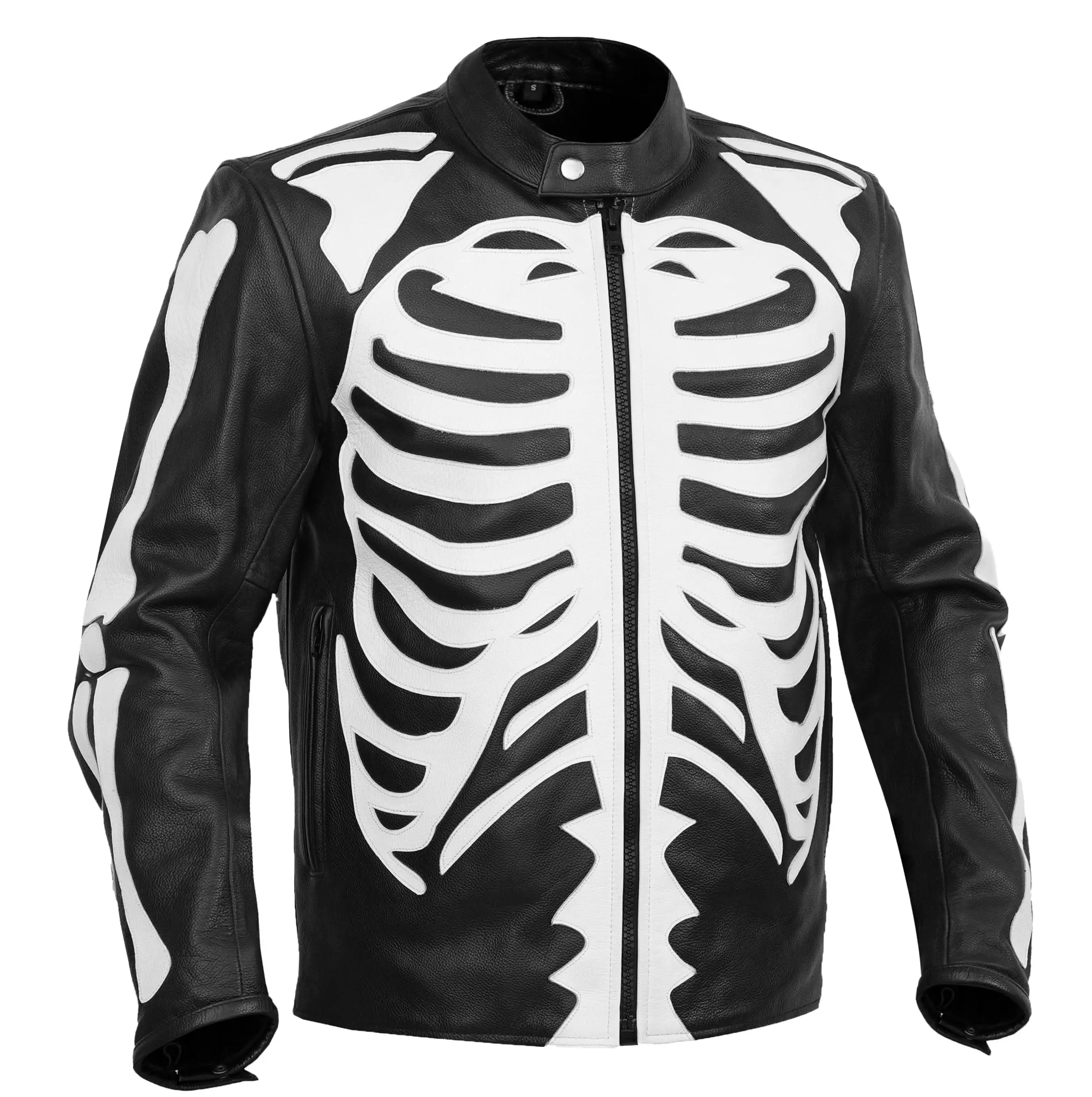 RENEGADE CLASSICS Men's Gothic Cafe Racer Leather Jacket, Natural Cowhide with Striped Skeleton Graphics, Longsleeves, Zipper and Concealed Carry Pockets, Conceal Carry, Biker