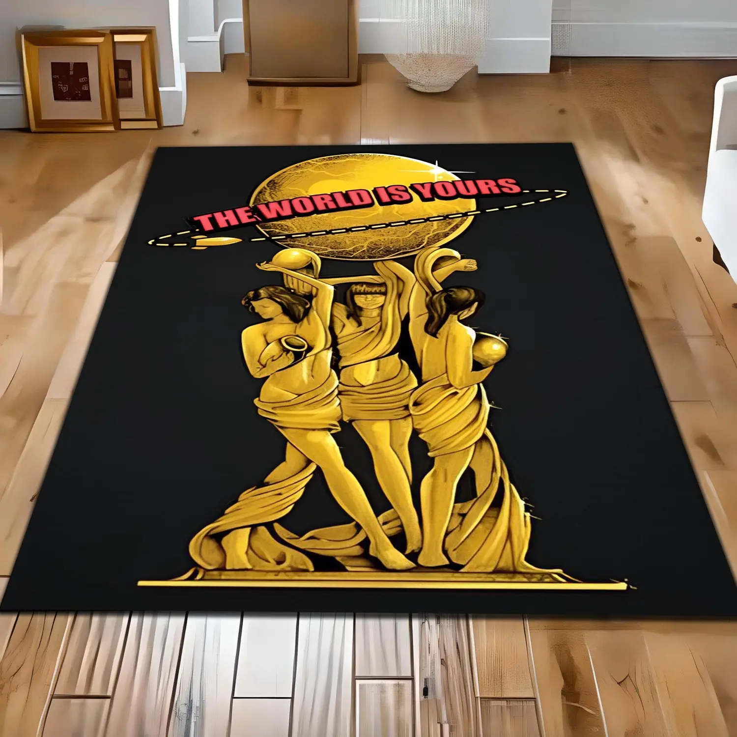 Scarface Rug, Scarface Gold Rug, Mafia Movie Scarface Rug, LegendMan, Luxury The World is Yours Rug, Golden Statue Art Rug for Living Room