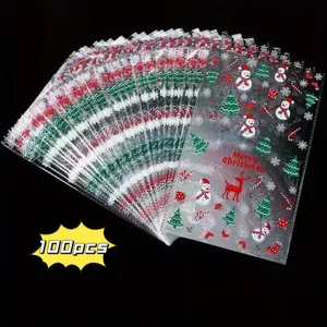 100pcs Clear Plastic Christmas Treat Bags with Twist Ties, Reusable Cellophane Candy Bags, Festive Party Favors, Holiday Treats, Party Gift Packs